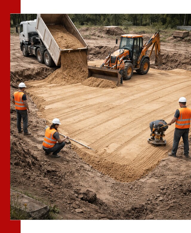 Устройство песчаной подушки для фундаментов и дорог в Норильске